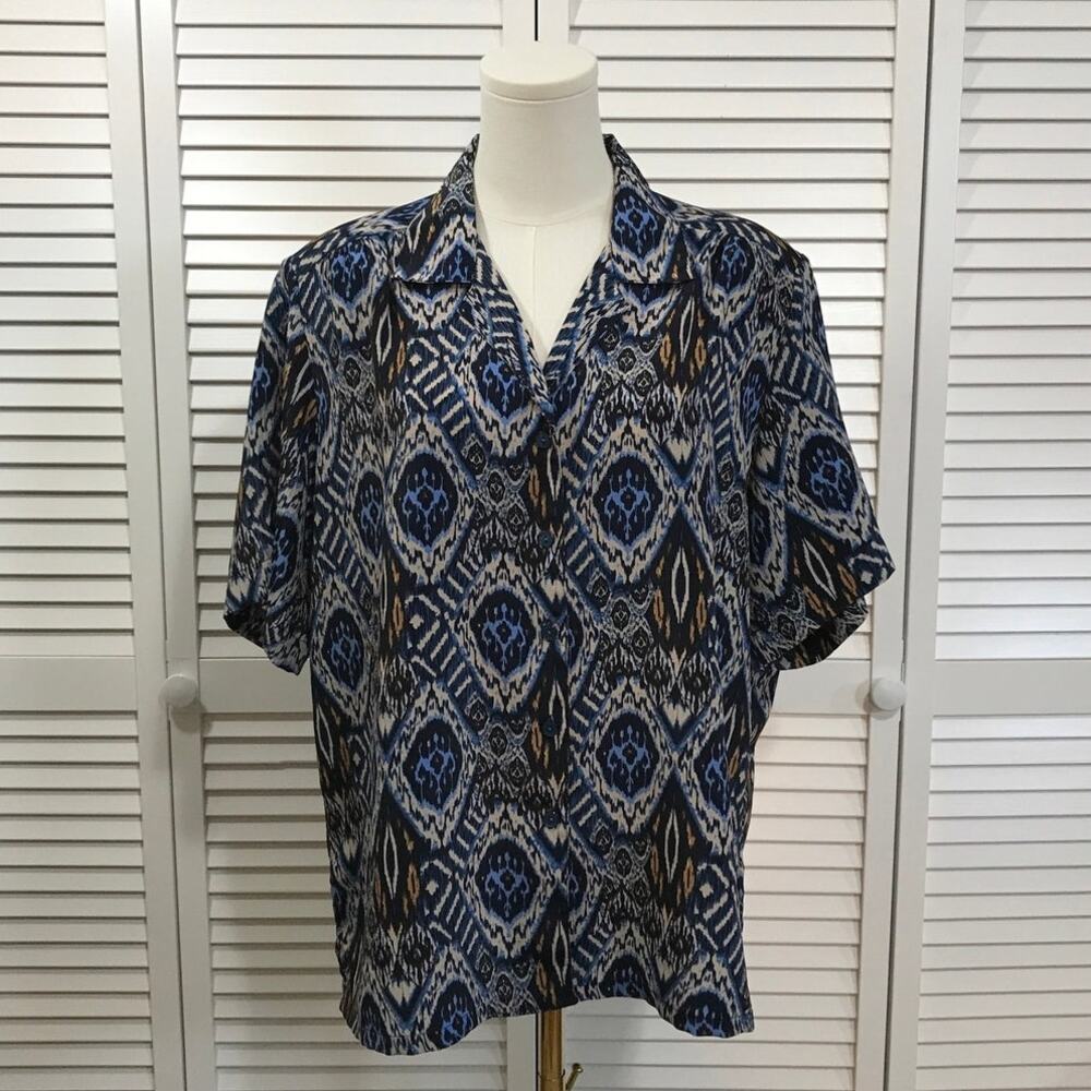 Donnkenny Vintage 90s Boho Navy Diamond Pattern Collared Blouse XL